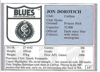 1992 AFL Regina #147 Jon Dorotich Back
